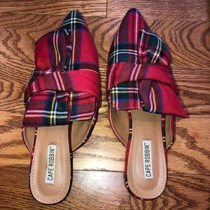 Plaid mule shoes with bow/knot accent on side